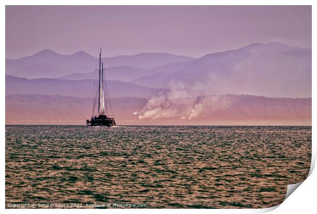 Sailboat Cruise along a Smoky Misty Mountainous Range Print by Errol D'Souza