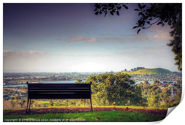 Park Bench Looking out to Mangere Mountain Print by Errol D'Souza