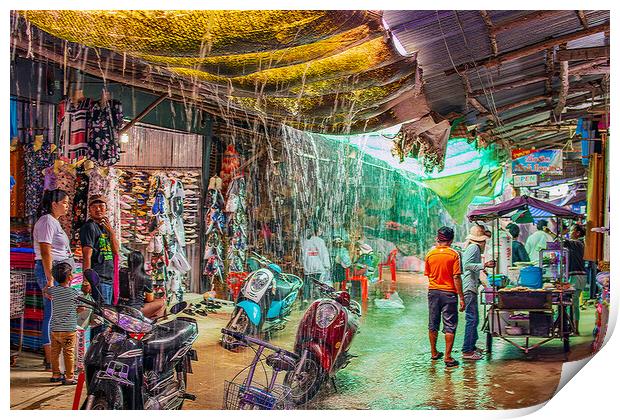When the big Rain comes to the Chongchom Market in Surin somewhere in Isan Thailand Print by Wilfried Strang