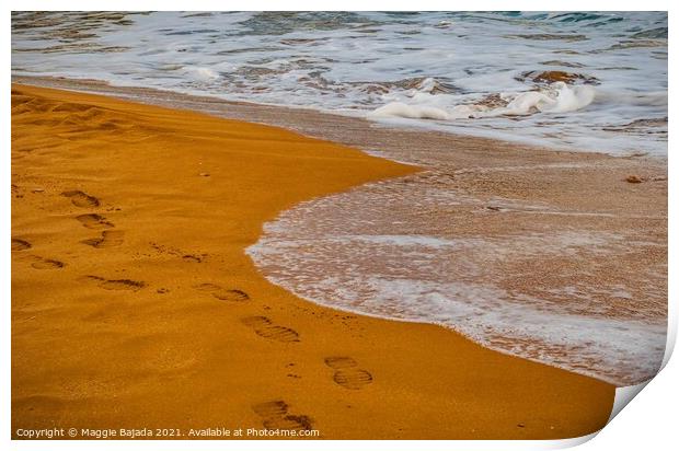 Sea and Red Sand with footsteps Print by Maggie Bajada