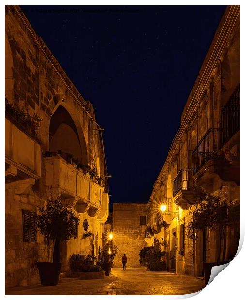 Dramatic Narrow street by Night located in Gozo Ma Print by Maggie Bajada