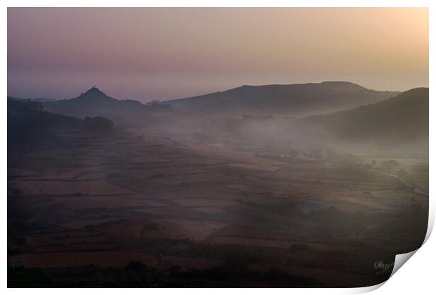 Early morning sunrise with mist all over the fields in Gozo, Malta.  Print by Maggie Bajada
