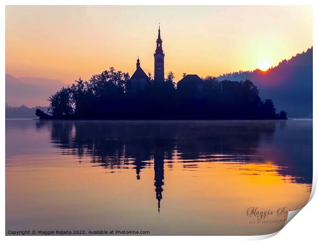 Golden Hour and Reflection of Lake Bled in Slovenia. Print by Maggie Bajada