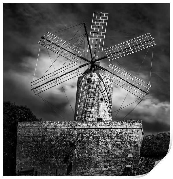 Dramatic Monochrome - Ta Kola Windmill in Xaghra,  Print by Maggie Bajada