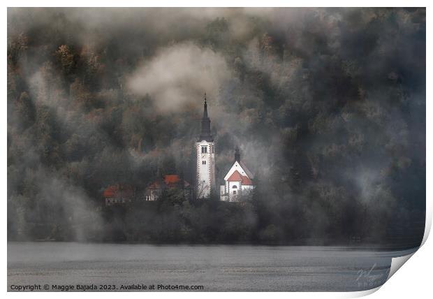 Misty Morning at Lake Bled with Clouds and Trees. Print by Maggie Bajada