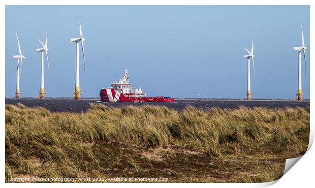 Rescue Ship Passing Wind Turbines Print by GJS Photography Artist