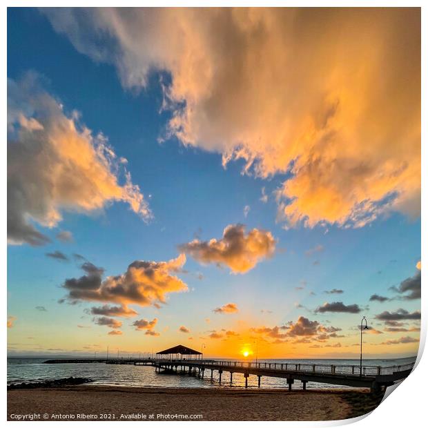 Redcliffe Jetty on Moreton Bay at Sunrise Print by Antonio Ribeiro