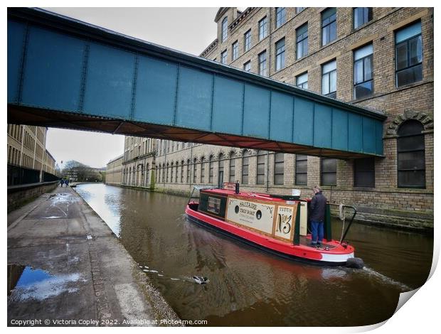 Canal boat at Saltaire Print by Victoria Copley