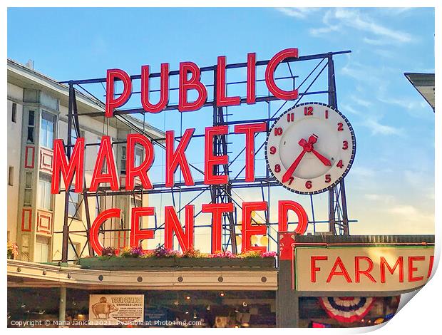 Pike Place Market Sign in Seattle Print by Maria Janicki