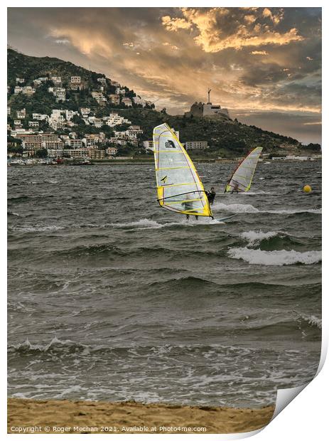 Windsurfing off the Coast of Roses Print by Roger Mechan
