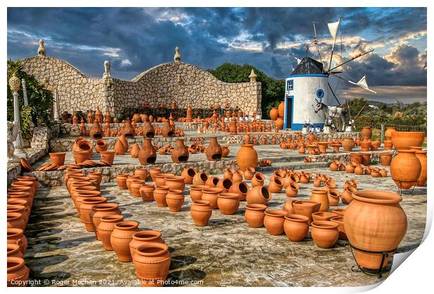 Artisanal Clay Pots and Windmill in Portugal Print by Roger Mechan