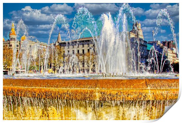 Fountains in Catalunya Square Barcelona Print by Roger Mechan