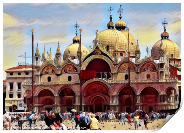 Feeding the Pigeons in Front of St Marks Basilica Print by Roger Mechan