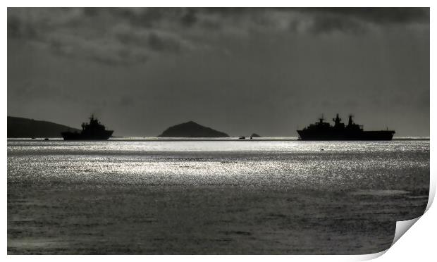 Battle-ready warships in Plymouth Sound Print by Roger Mechan