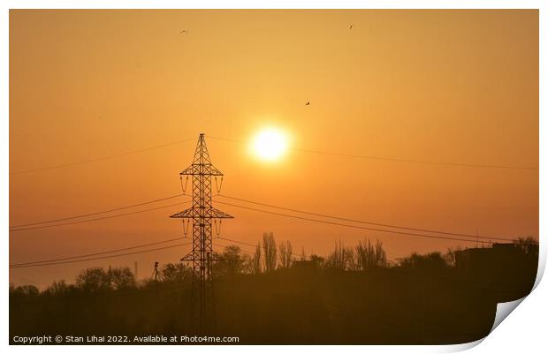 Sunrise over electricity tower Print by Stan Lihai
