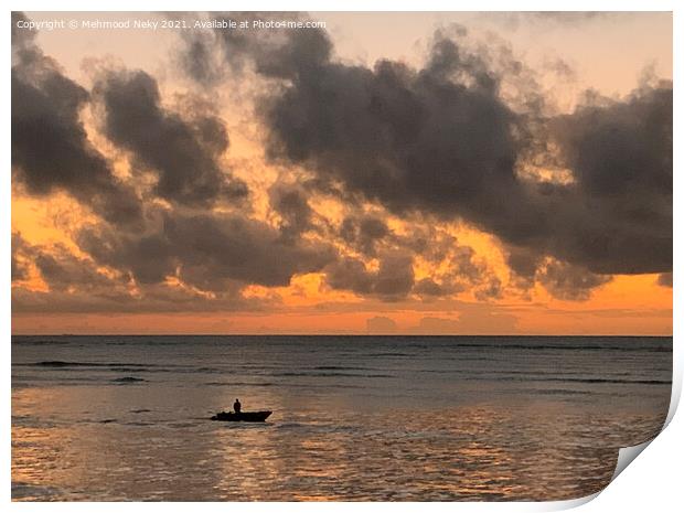 Cloudy sunrise and fisherman Print by Mehmood Neky
