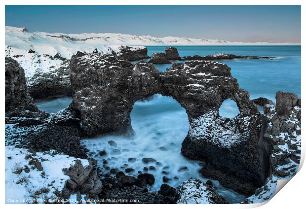 Blue rock arch seascape Iceland Print by Giles Rocholl