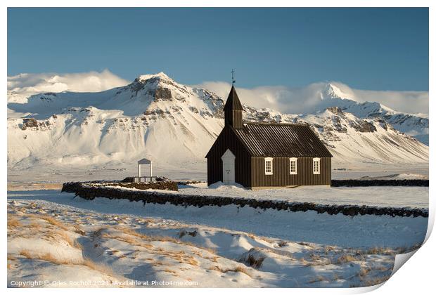 Snow mountain and church Iceland Print by Giles Rocholl