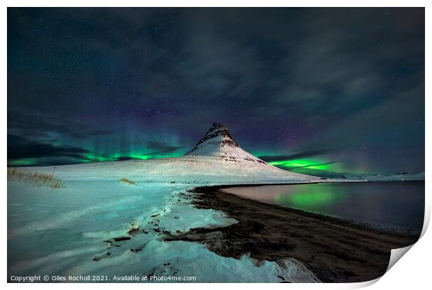 Northern lights over Kirkjufell Iceland Print by Giles Rocholl