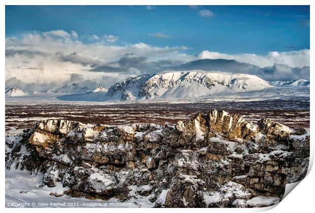 Snowy mountain Thingvellir Iceland Print by Giles Rocholl
