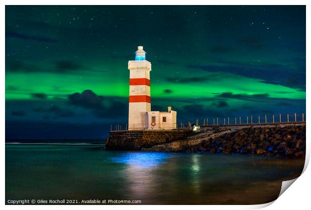 Northern lights and lighthouse Iceland Print by Giles Rocholl