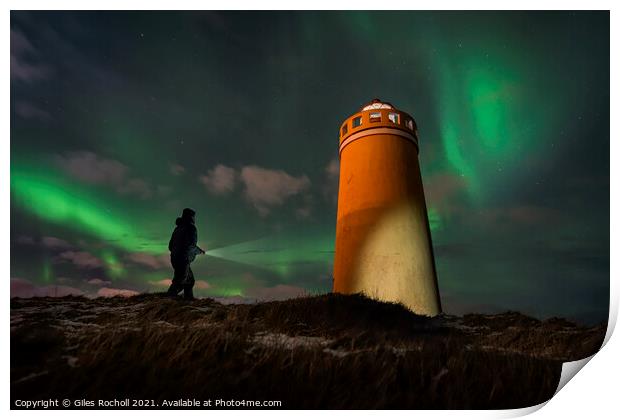 Exploring night time Iceland light house Print by Giles Rocholl