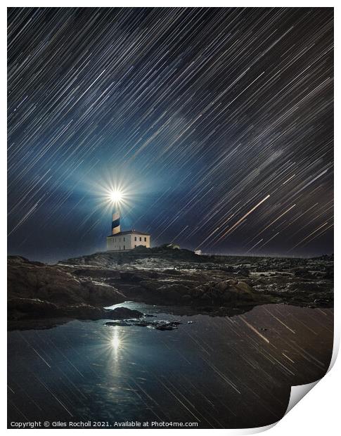 Star trails over Favàritx lighthouse Menorca Print by Giles Rocholl
