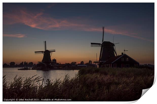 Dutch windmills at dusk. Print by Giles Rocholl