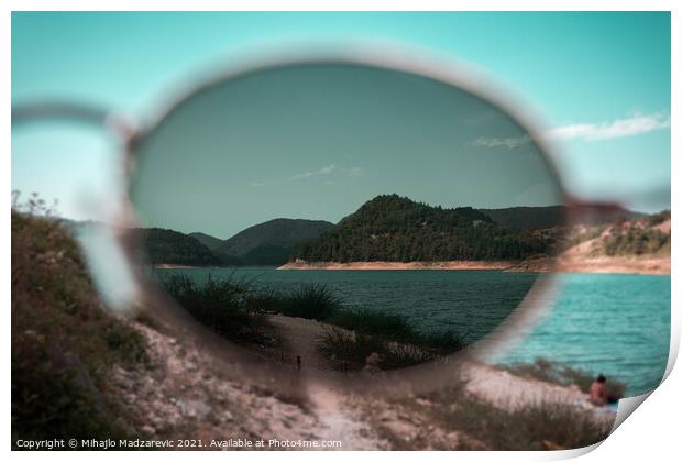 Focus view of mountain nature and a lake through s Print by Mihajlo Madzarevic