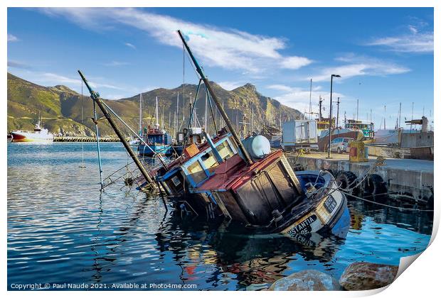 Trawler tilt Hout Bay harbour Cape Town  Print by Paul Naude