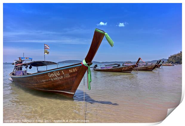 Thailand longtail boats Krabi beach Print by Raymond Evans