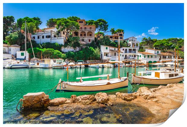 Boats at old fishing village Cala Figuera Print by Alex Winter