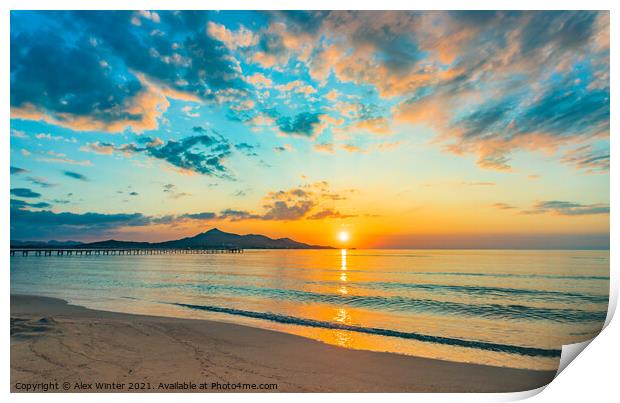 Idyllic sunrise at bay of Alcudia beach Mallorca Print by Alex Winter