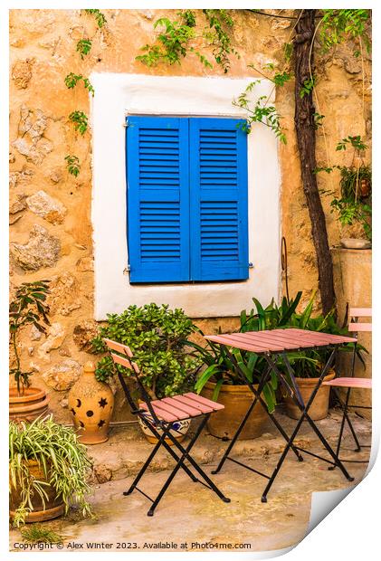 patio house with blue window shutters Print by Alex Winter