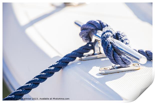 Detail view of blue nautical rope cleat on boat de Print by Alex Winter