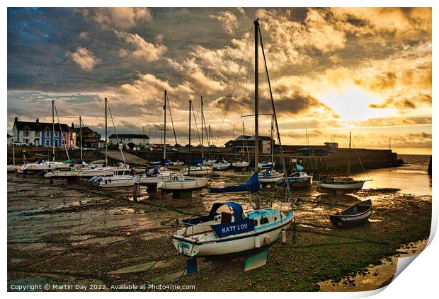 Stormy Sunset over Aberaeron Harbour Print by Martin Day