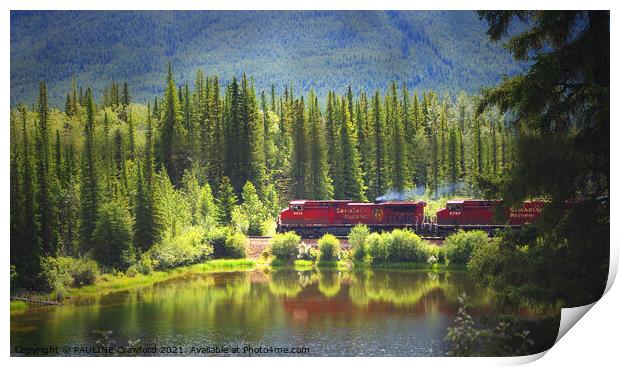 CP Rail Railroad Red Train in the Canadian Rocky Mountains Print by PAULINE Crawford