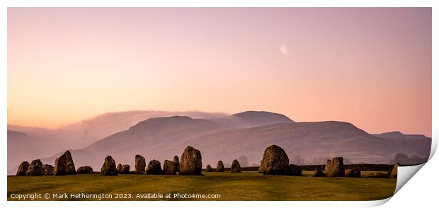 Castlerigg stone circle and moon at sunrise Print by Mark Hetherington