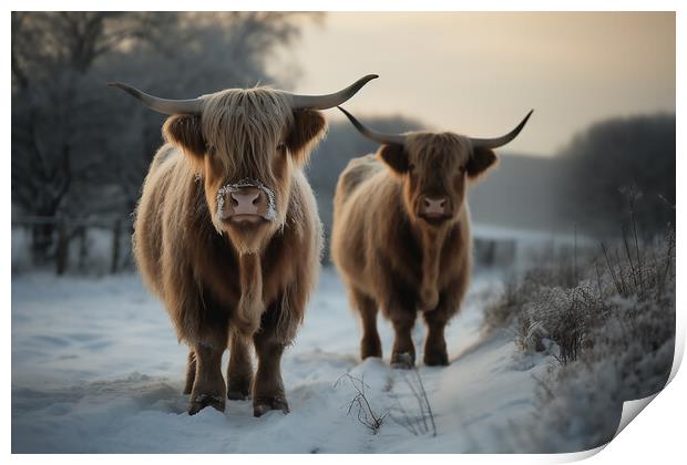 Highland Cows In The Snow 3 Print by Picture Wizard