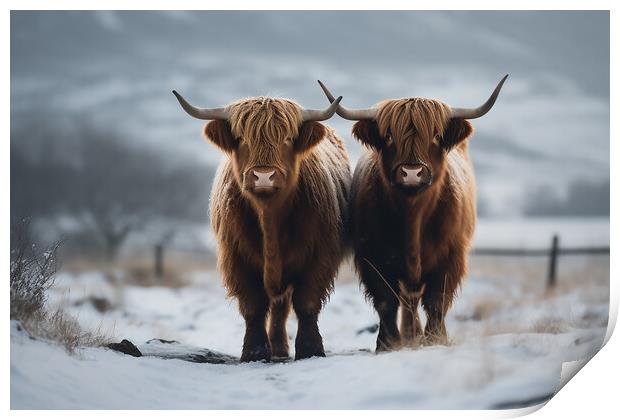 Highland Cows In The Snow 7 Print by Picture Wizard