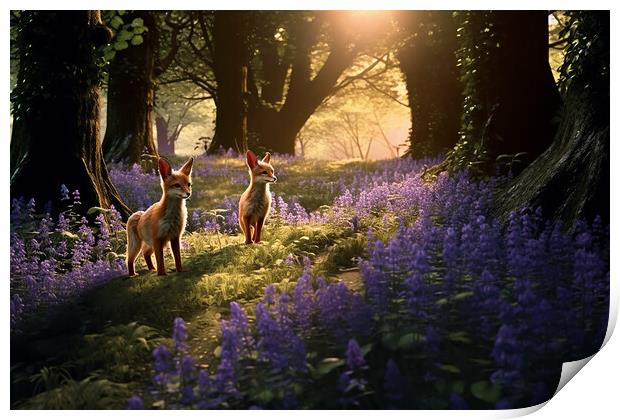 Bluebell Wood Fox Cubs Print by Picture Wizard