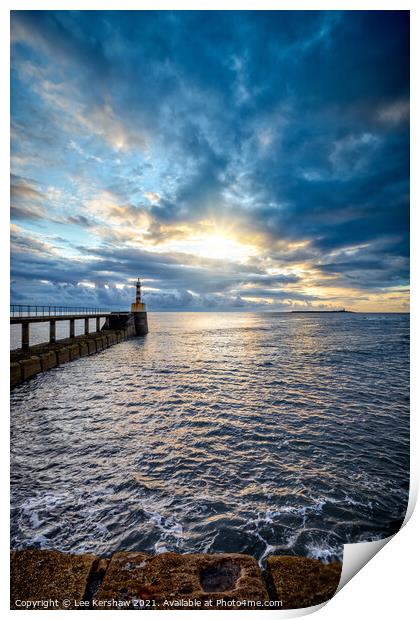 Amble pier blue sunrise Print by Lee Kershaw