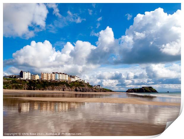 Tenby South Beach reflections Print by Chris Rose