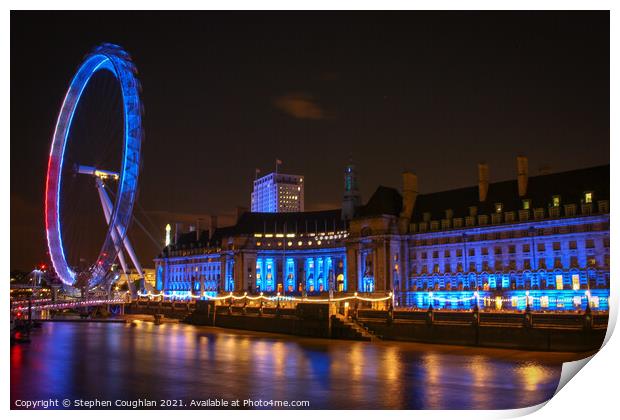 London Eye & County Hall at night Print by Stephen Coughlan