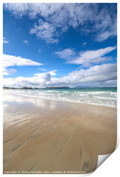 Camusdarach Beach looking over Eigg Print by Simon Connellan