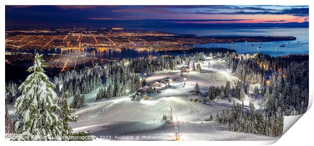 Snowy Grouse Mountain View of Vancouver City at night Print by Pierre Leclerc Photography