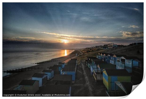 Tankerton Beach huts at dawn Print by Evolution Drone