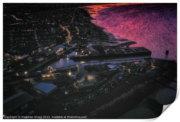 Dark sunset Whitstable Harbour Print by Evolution Drone
