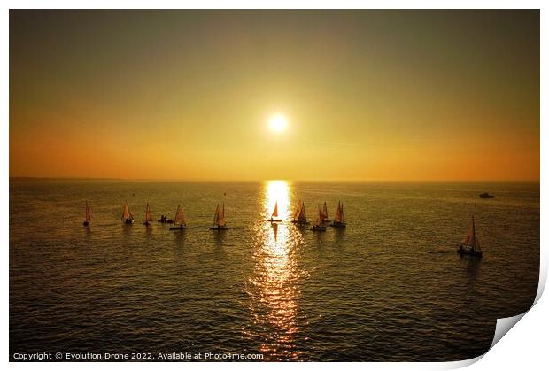 Sailing Dinghies at Sunset Print by Evolution Drone