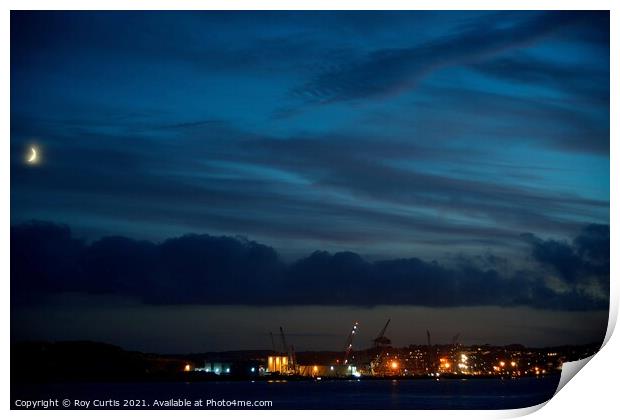 Moon over Falmouth Docks Print by Roy Curtis